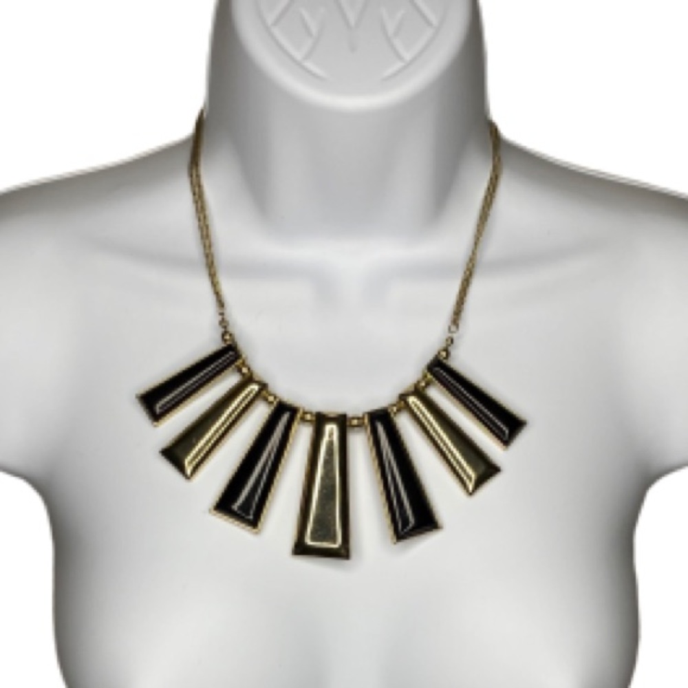 Boho Chic Gold Tone Black Enamel Tribal Necklace